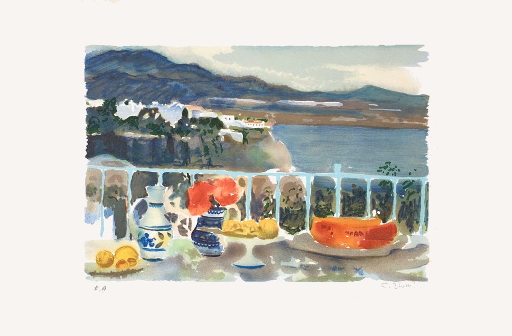 ＧＥＯＲＧＥＳ　ＢＬＯＵＩＮ　【庭のテーブル】lithograph blouin – Mediterranean Street View With Flowers And Fruit