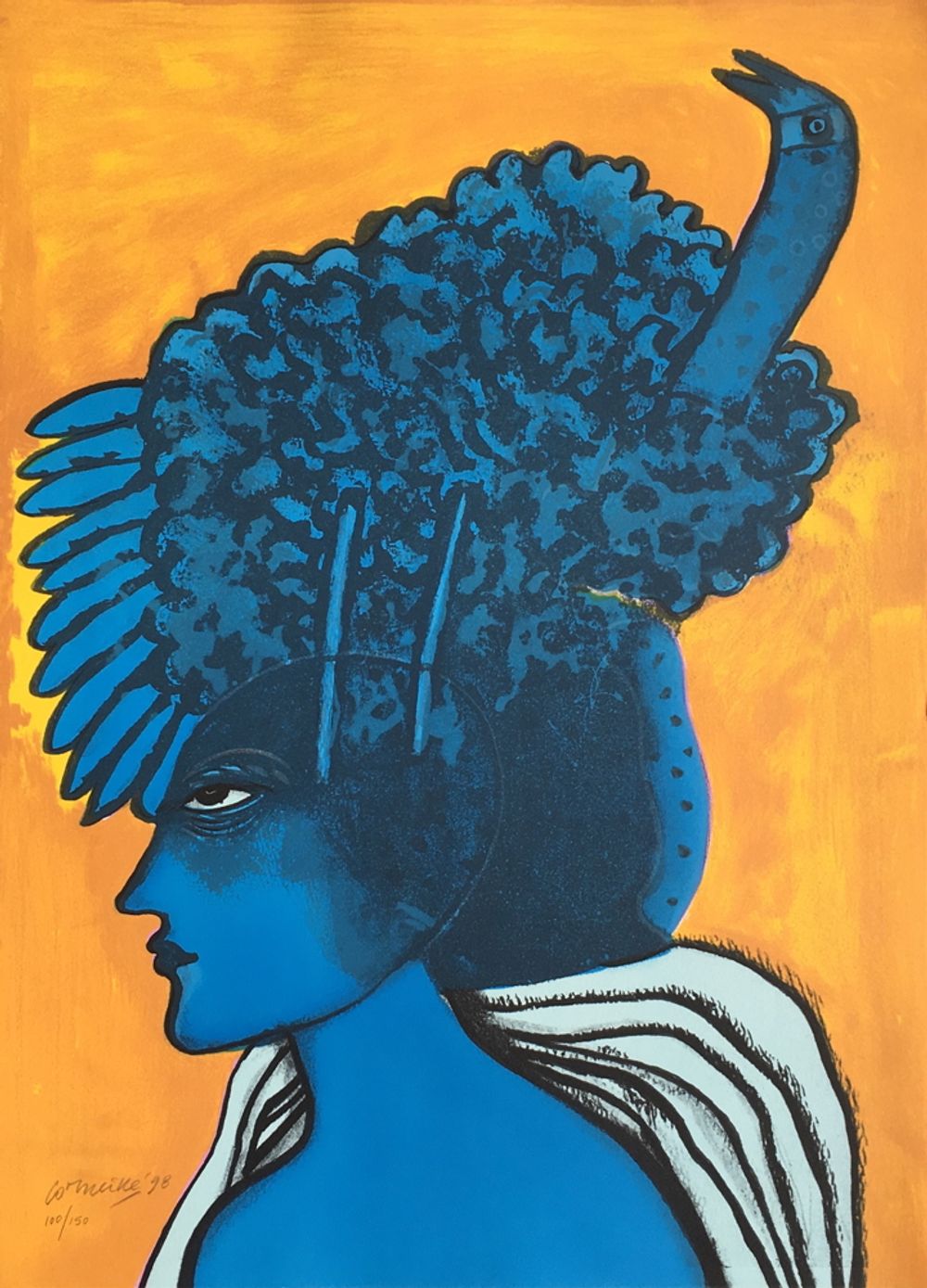 1998 - Femme et oiseau bleu fond jaune