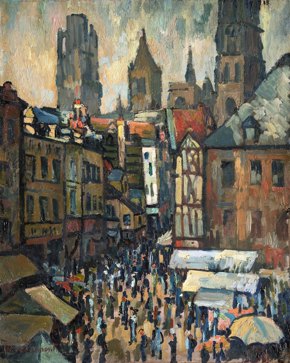La rue de l'Epicerie, jour de marché à Rouen