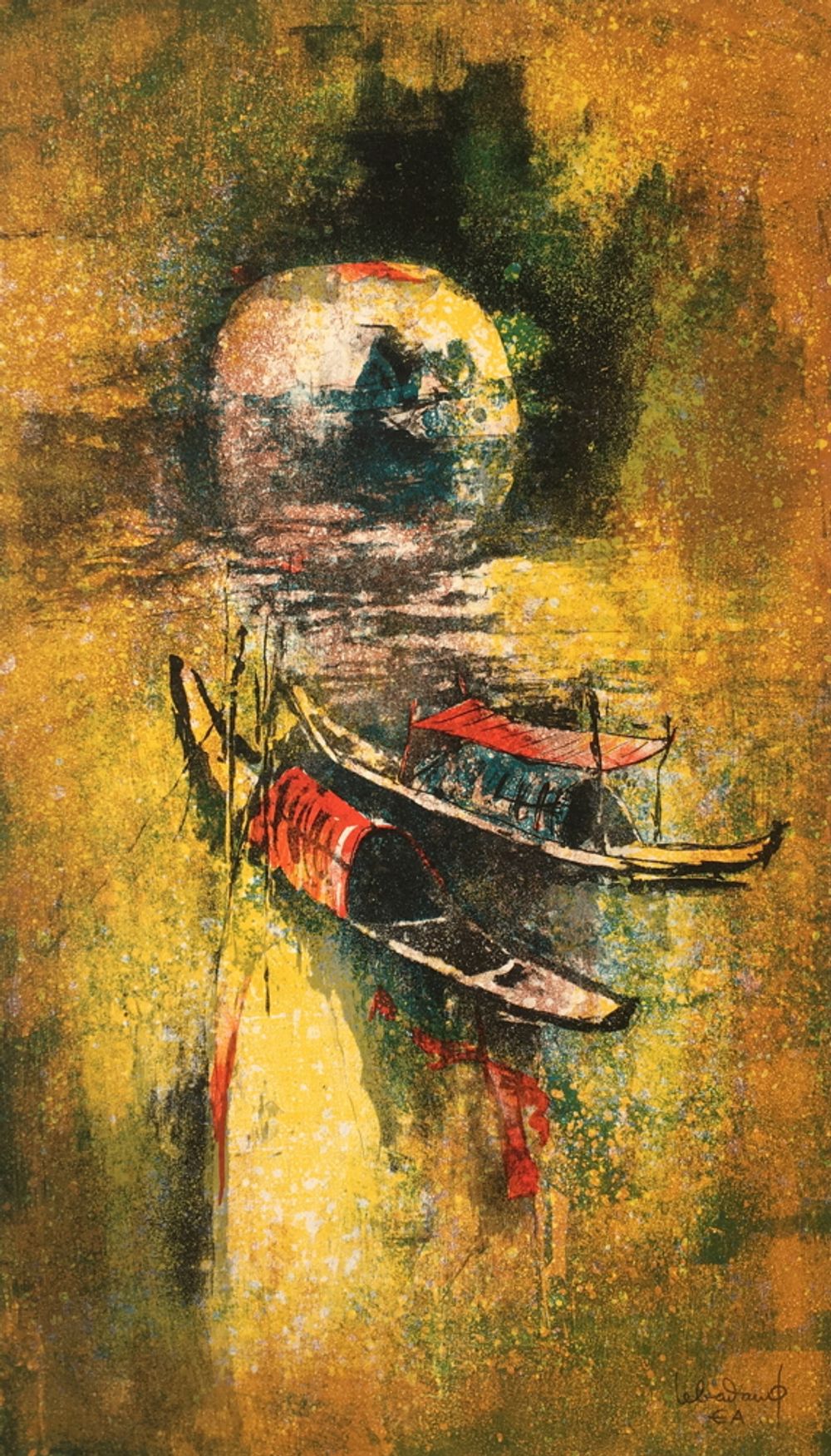Paysage du Vietnam - barques au soleil couchant