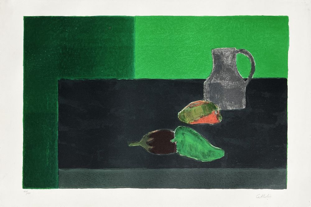 Nature morte noire et verte aux poivrons