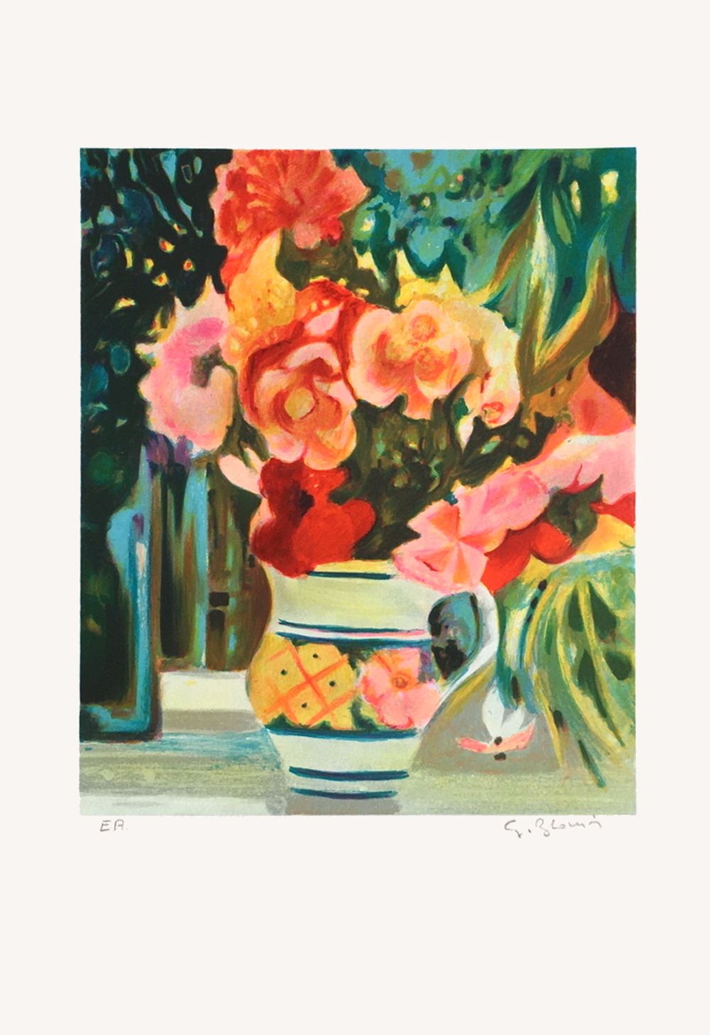 ＧＥＯＲＧＥＳ　ＢＬＯＵＩＮ　【庭のテーブル】lithograph blouin – Mediterranean Street View With Flowers And Fruit
