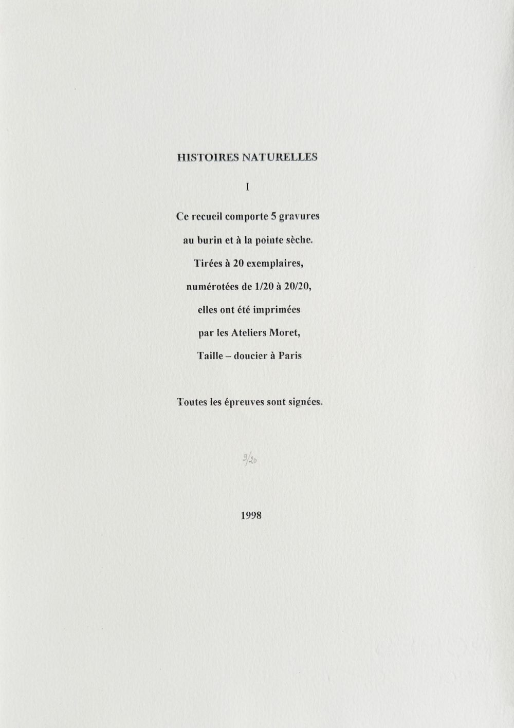 Histoire naturelle I (portfolio de 5 gravures)