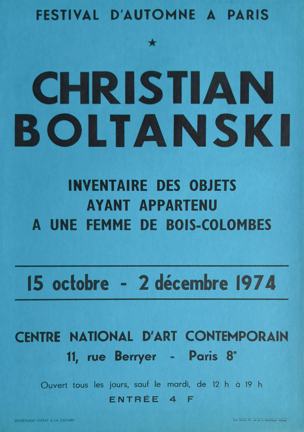 Expo 74 - CNAC Festival d'Automne - Inventaire des objets ayant appartenu à une femme de Bois-Colombes