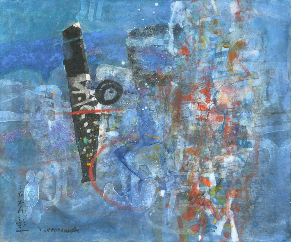 Composition sur fond bleu