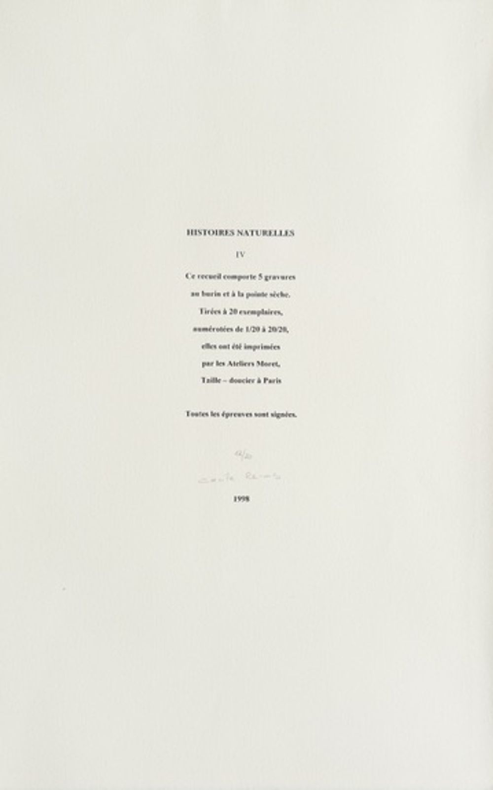 Histoire naturelle IV (portfolio de 5 gravures)