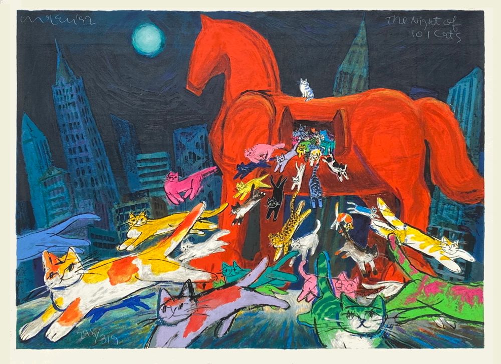 【大作】マイケル・ルー シルクスクリーン night of 101 cats Place-des-Arts - Michael LEU : The night of 101 cats