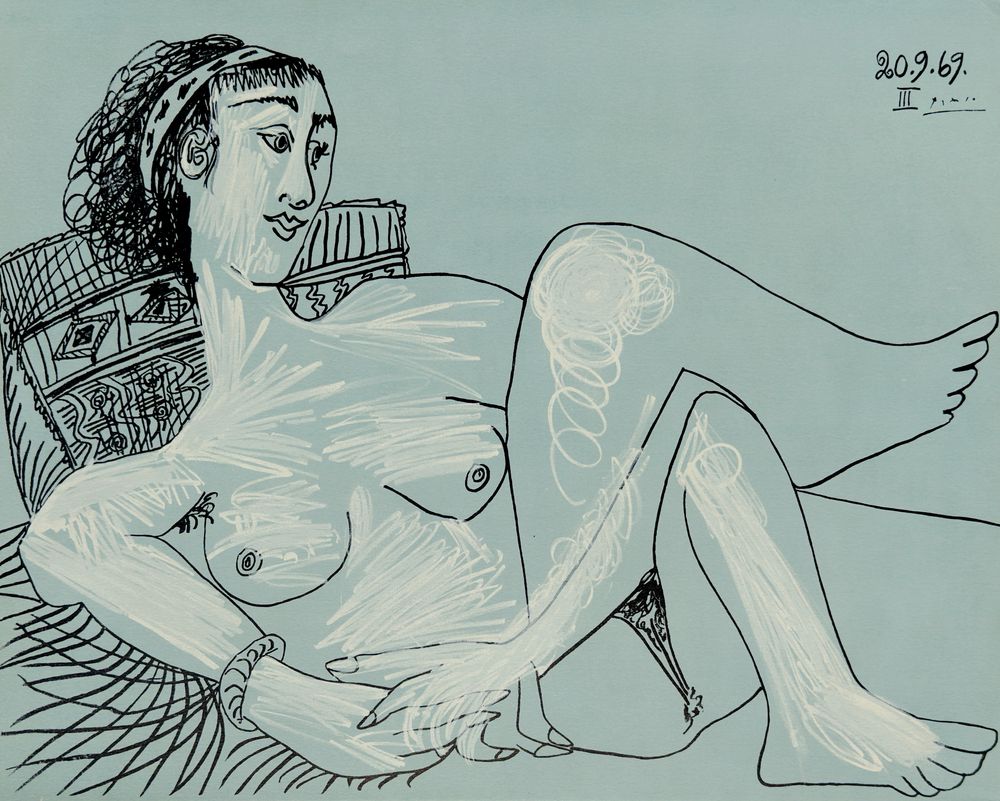 Au baiser d'Avignon - Nu couché sur fond bleu