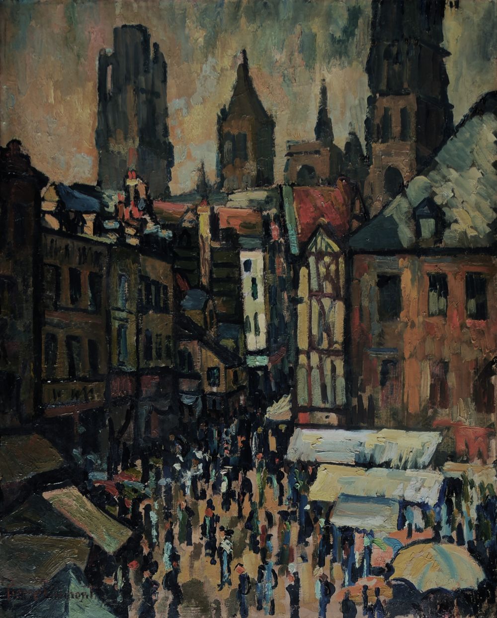 La rue de l'Epicerie, jour de marché à Rouen