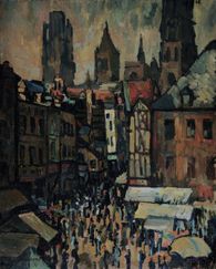 La rue de l'Epicerie, jour de marché à Rouen