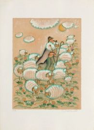 Aux champs - berger et moutons