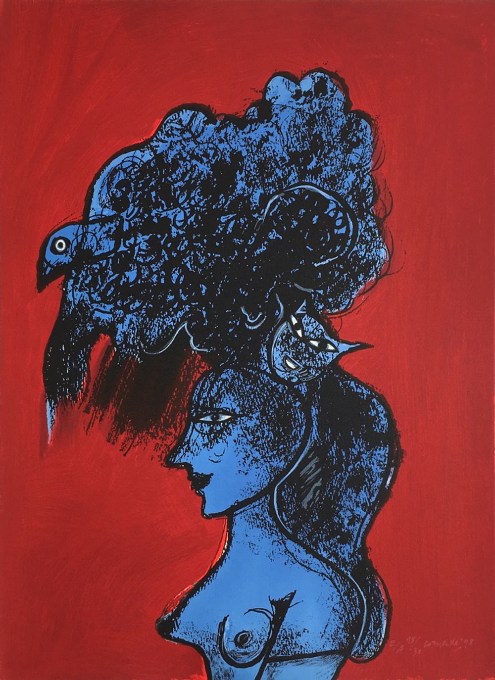 1998 - Femme et oiseau bleu fond rouge