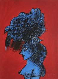 1998 - Femme et oiseau bleu fond rouge