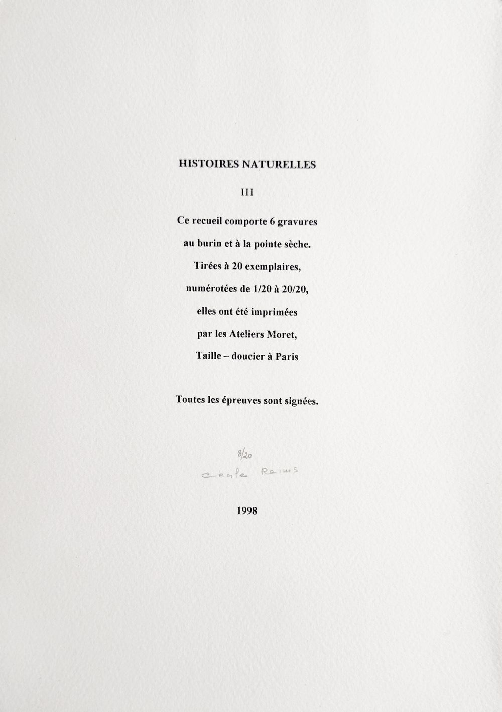 Histoire naturelle III (portfolio de 6 gravures)