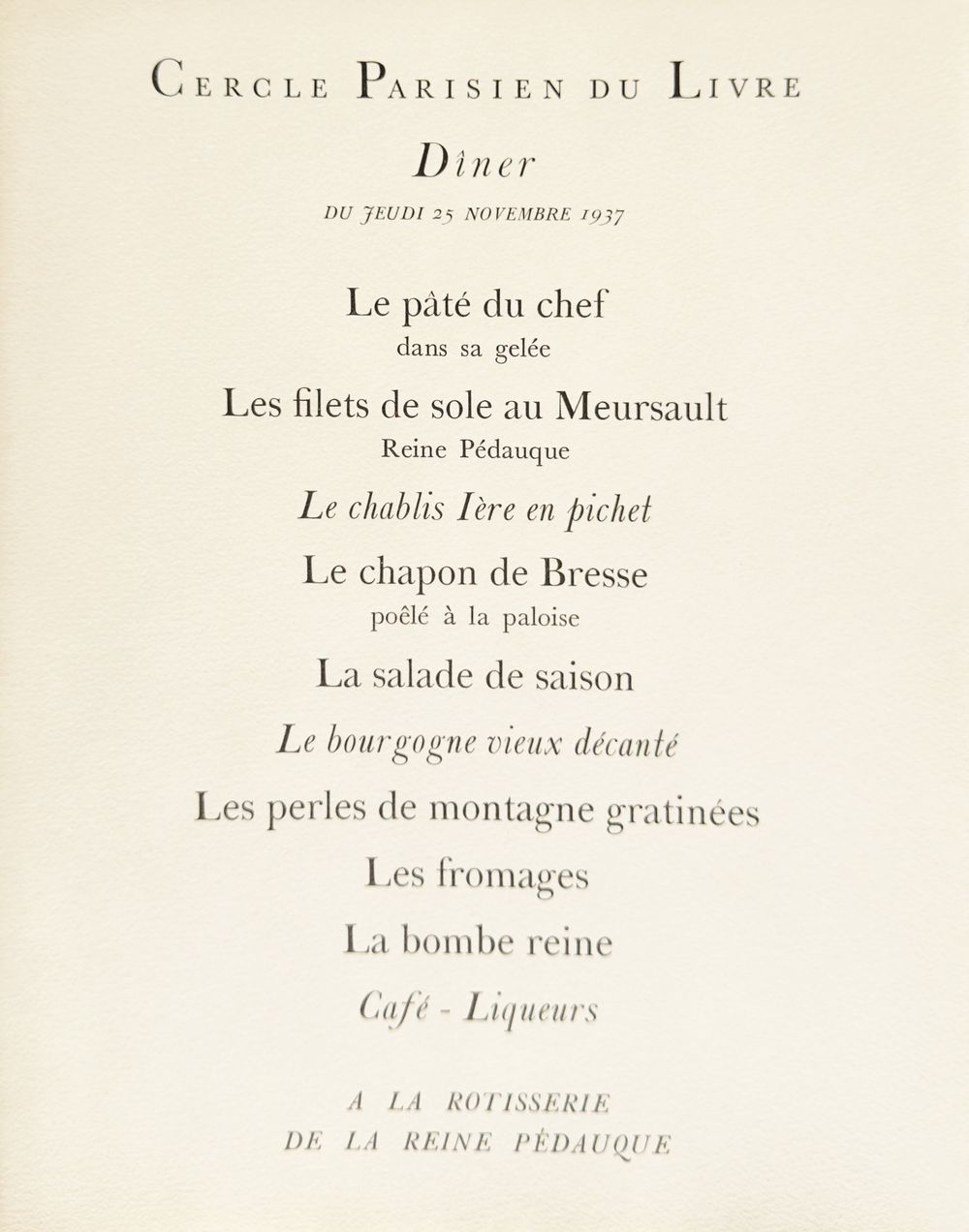 Menu du diner du Cercle Parisien du Livre — vue 2