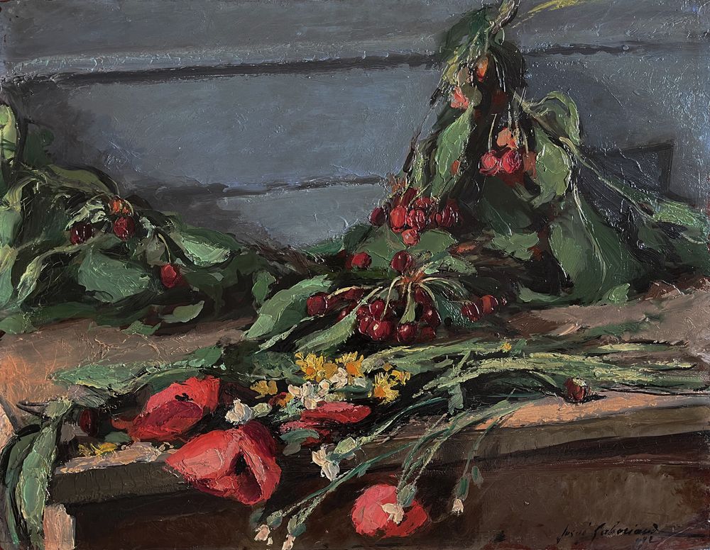 Nature morte aux fleurs des champs et aux cerises