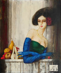 Femme aux longs gants de soie bleu