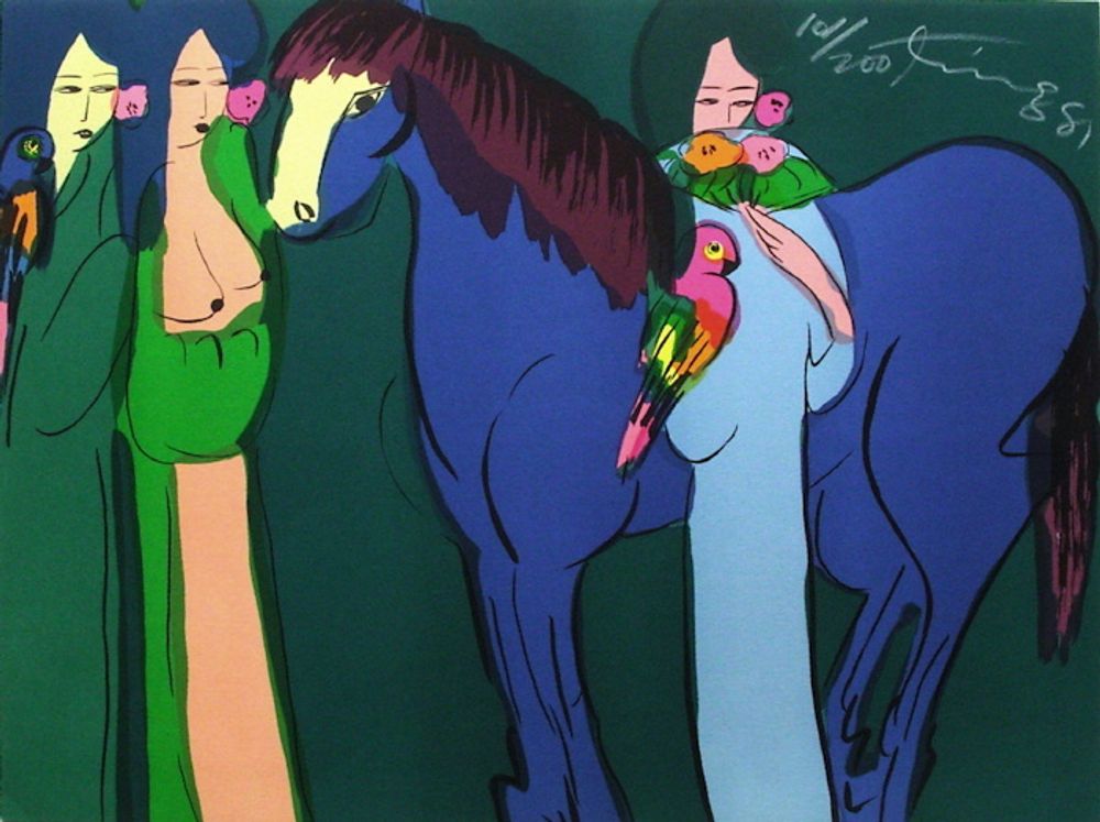 Cheval mauve et perroquet