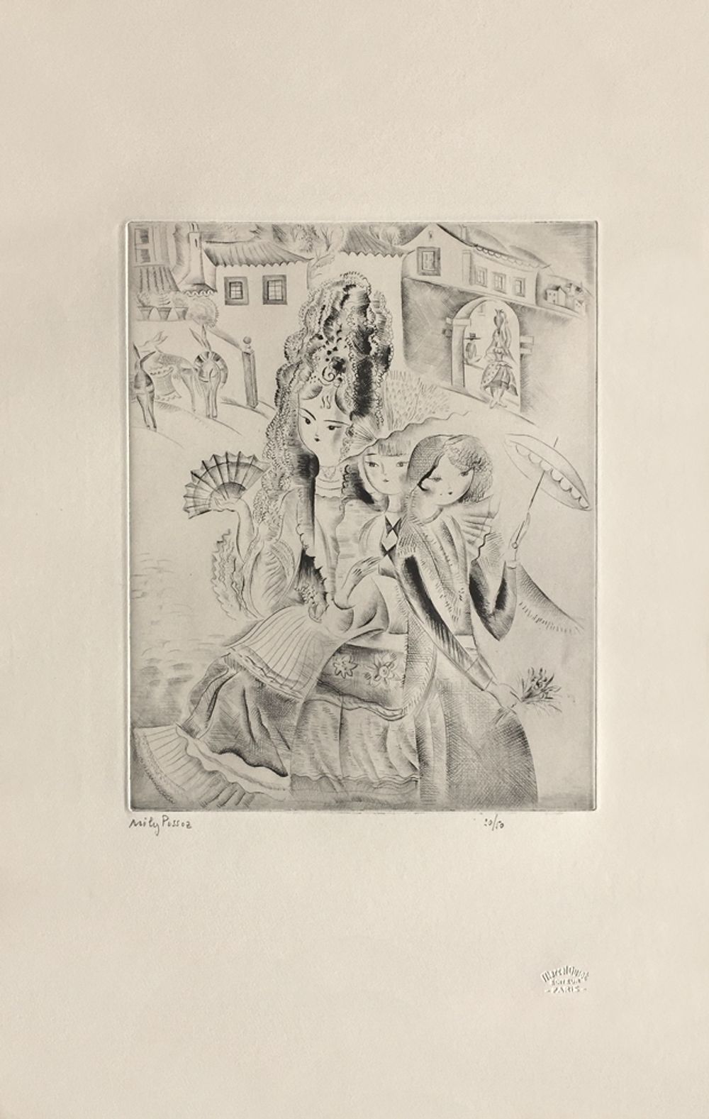Trois jeunes filles dans un paysage