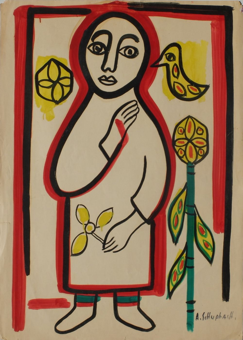 Femme à l'oiseau et à la fleur