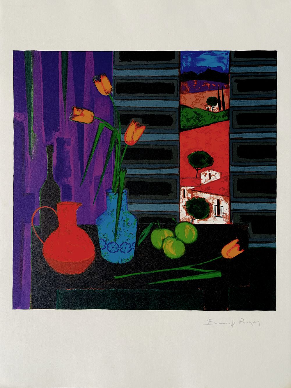 La table au pichet rouge et au bouquet de tulipes