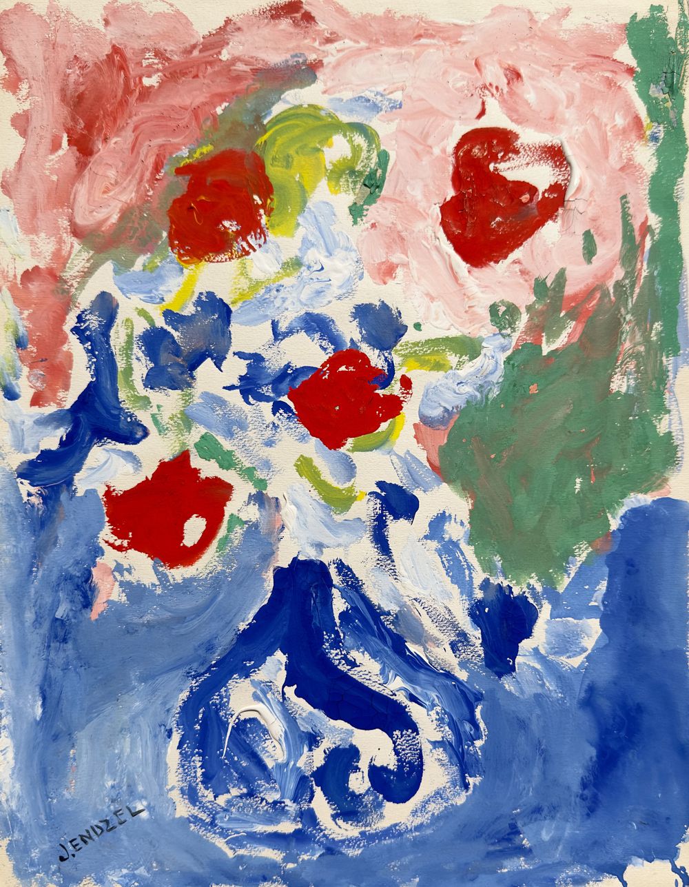 Bouquet de fleurs au vase bleu