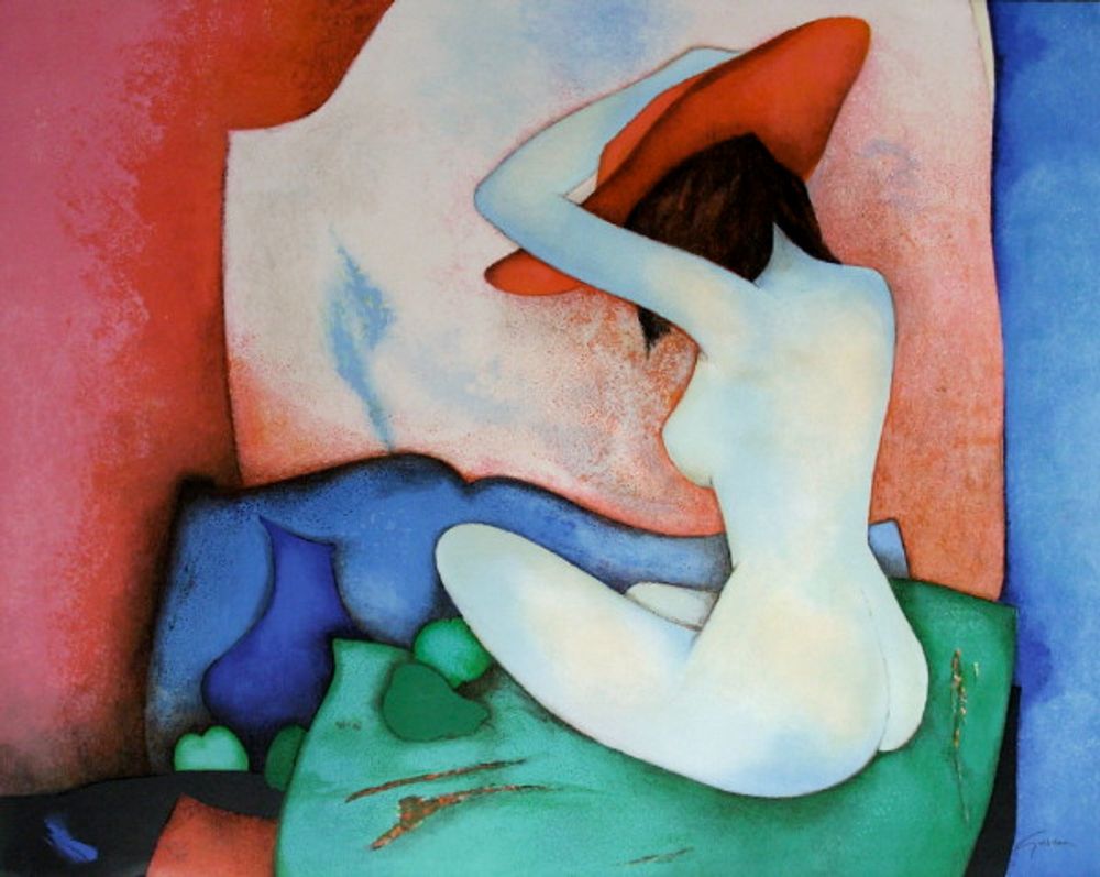 Femme au coussin vert