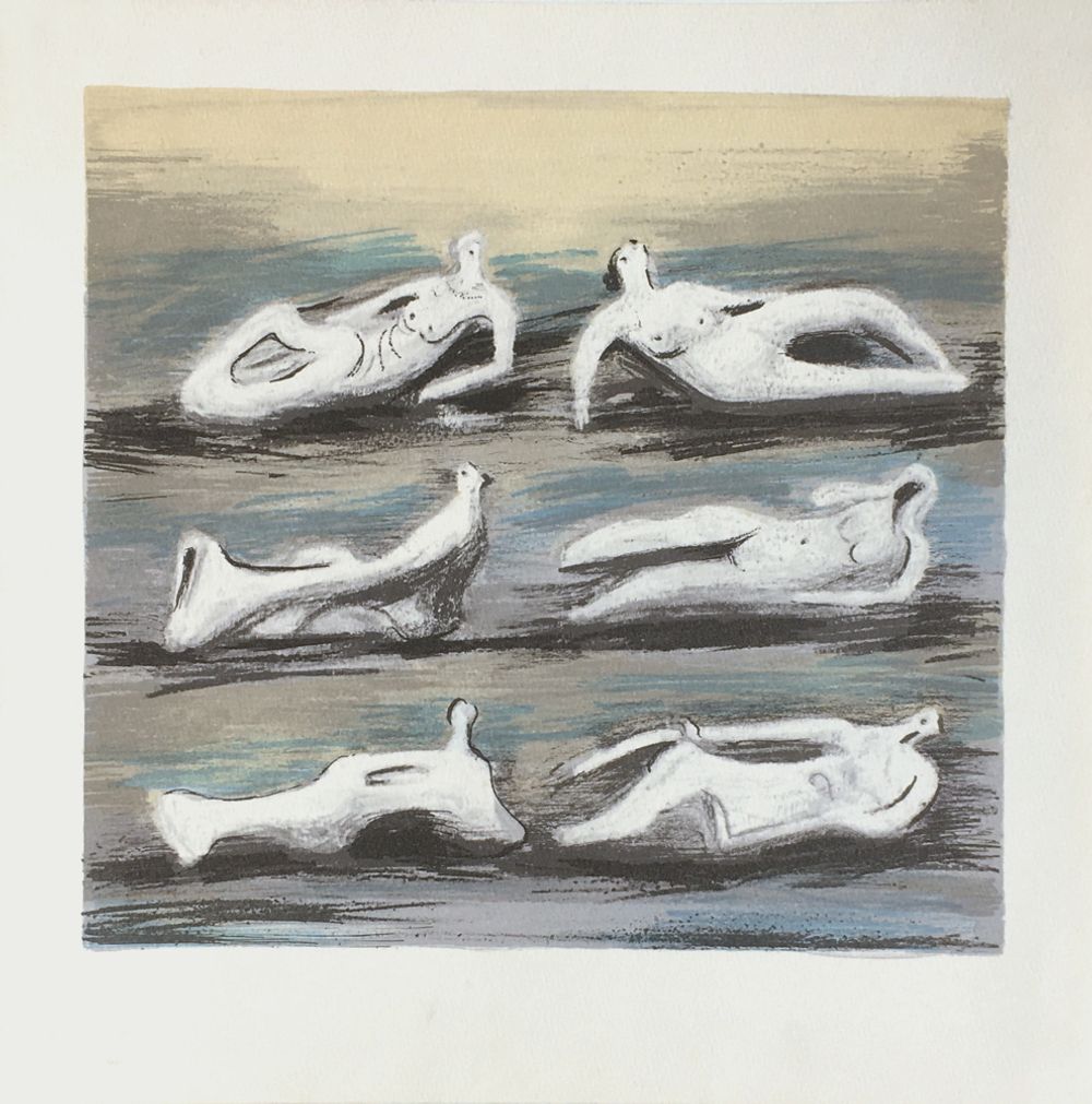 Six reclining figures with blue backround